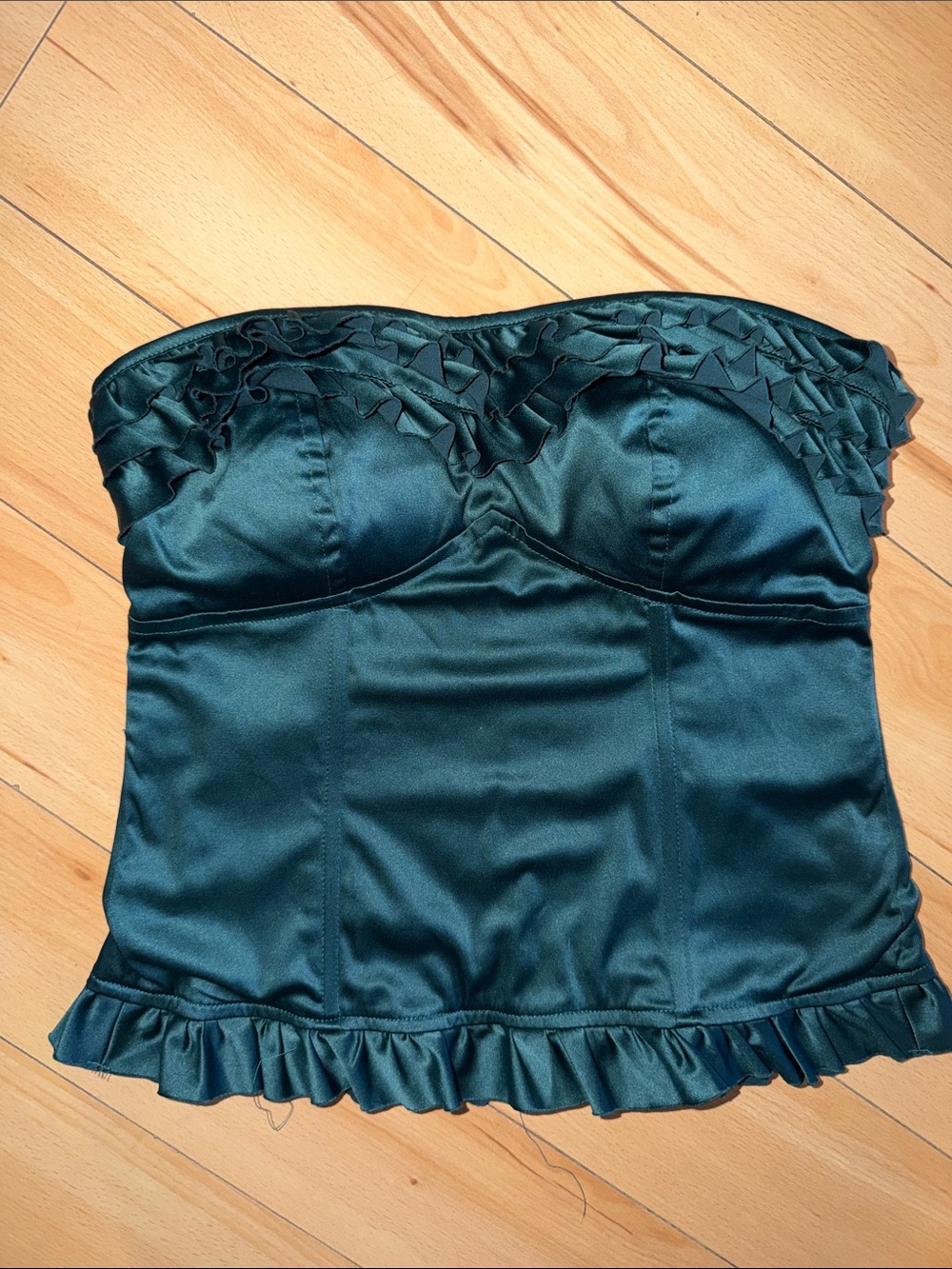 Costa Blanca Teal Satin Strapless Ruffle Bustier